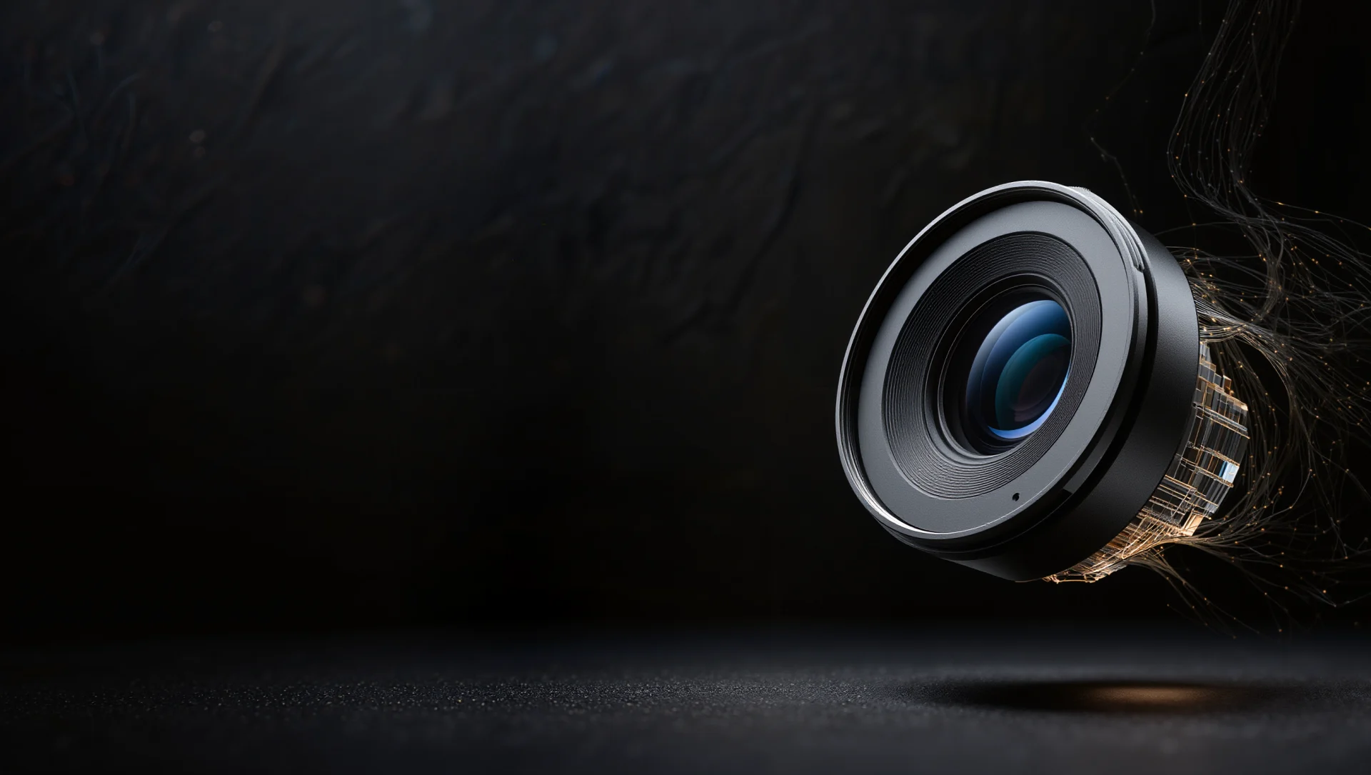 A camera lens emerging from darkness, surrounded by delicate threads of light.